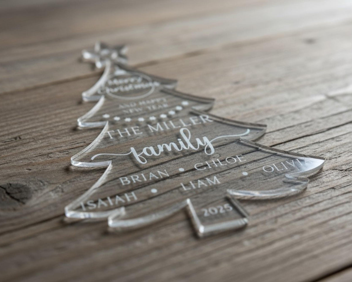 Frosted engraving on clear acrylic card with star and tree motif