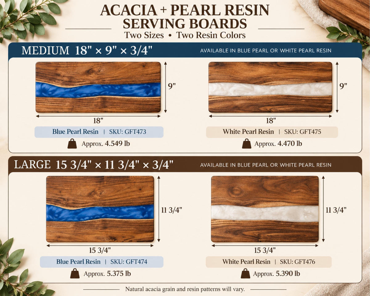 Size chart for the wide and standard acacia and pearl resin cutting boards