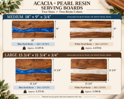 Size chart for the wide and standard acacia and pearl resin cutting boards