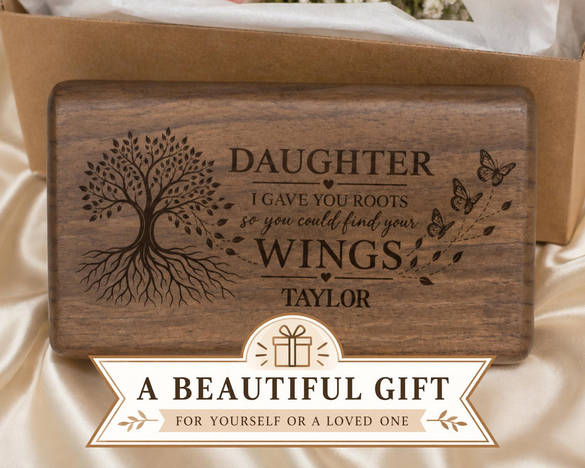 A wooden plaque with a tree design and text, placed on a white background.