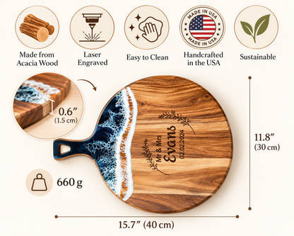 The image is a detailed description of a wooden cutting board with a blue and white wave design, featuring a handcrafted inscription and a laser engraving. The cutting board is made from acacia wood and is described as a "made from" and "made in the USA" product. It is also noted to be "handcrafted in the USA" and "sustainable". The cutting board has a weight of 660 grams and dimensions of 15.7 cm (40 cm) in length and width.