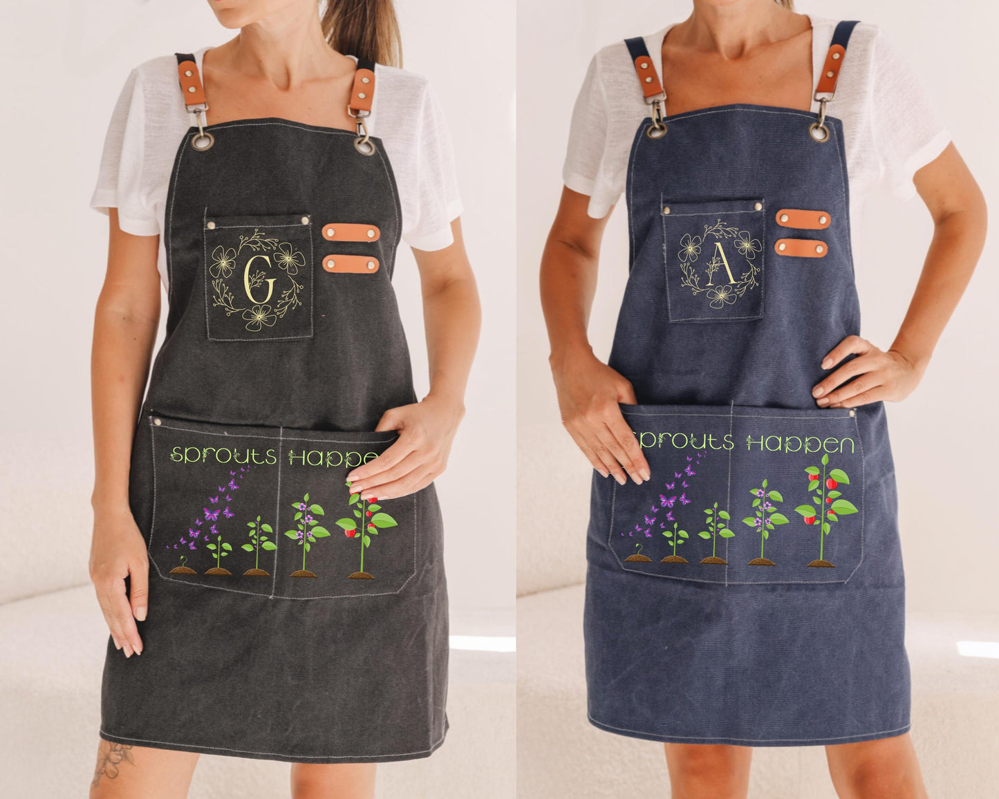 Personalized "Sprouts Apron" Gardening Canvas Apron, Monogram Apron, Gardening Apron with Adjustable Straps, Garden Apron with Pockets