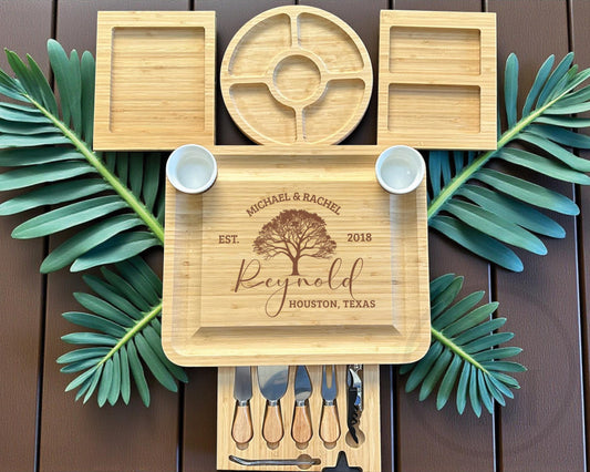 Personalized Bamboo Charcuterie Board with Utensils  Slide-Out Drawers  Engraved Housewarming Gift