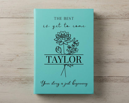 The image is a book cover with a teal background and a floral design. The title "THE BEST is yet to come" is displayed above the floral design, and the author's name "TAYLOR" is shown below the floral design. The phrase "Your story is just beginning" is written at the bottom of the cover.