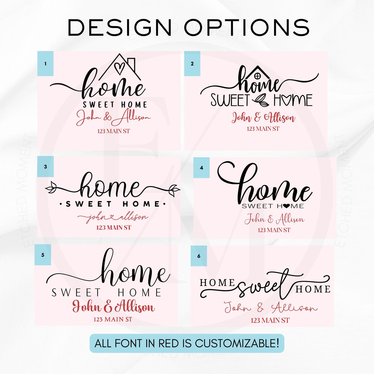 a collection of six different design options for a "Home Sweet Home" theme, each with a unique style and color scheme. The options include a house-shaped design, a house with a heart, a house with a house and a heart, a house with a house and a heart, a house with a house and a heart, a house with a house and a heart, and a house with a house and a heart. All of these designs are customizable, allowing for a personalized touch.