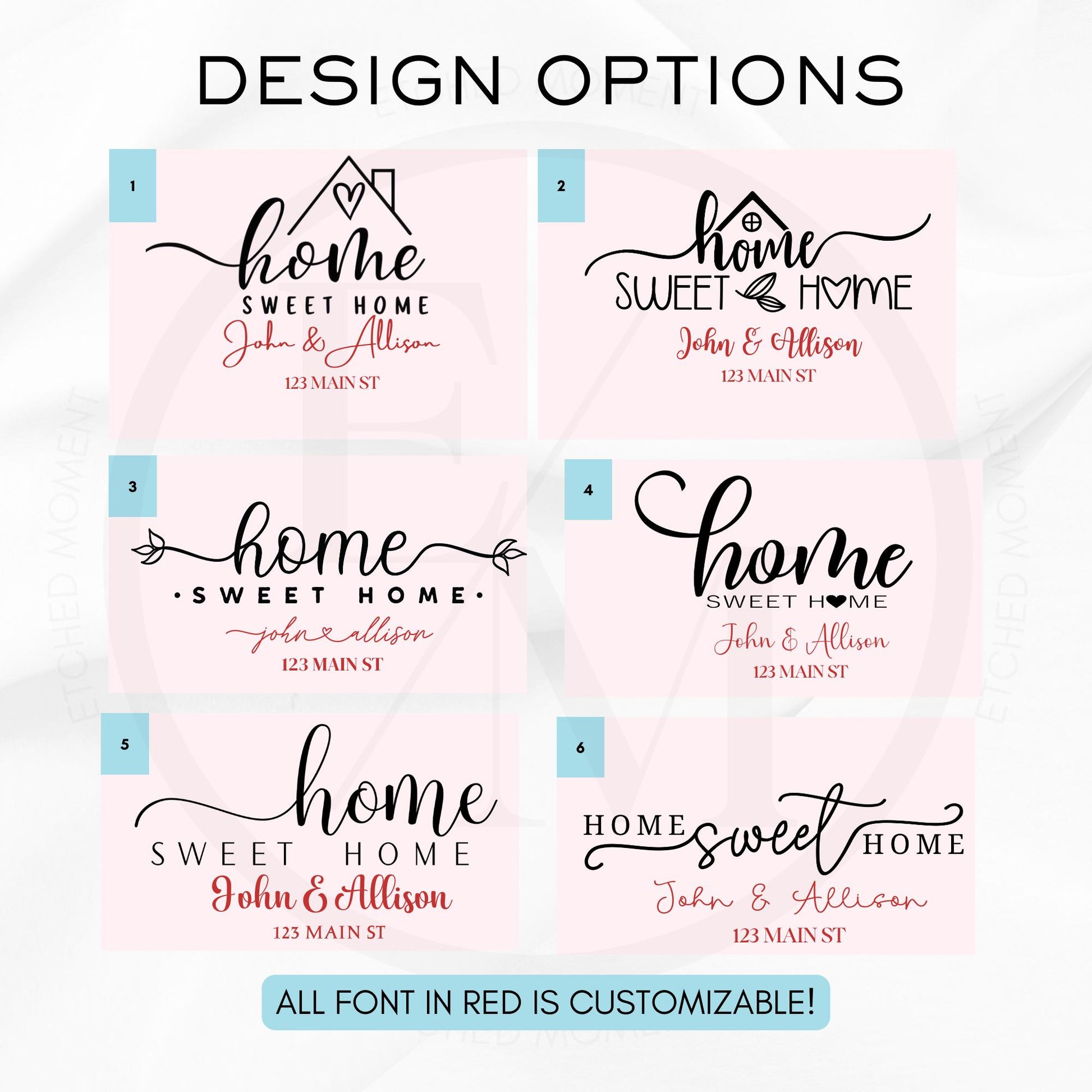 a collection of six different design options for a "Home Sweet Home" theme, each with a unique style and color scheme. The options include a house-shaped design, a house with a heart, a house with a house and a heart, a house with a house and a heart, a house with a house and a heart, a house with a house and a heart, and a house with a house and a heart. All of these designs are customizable, allowing for a personalized touch.