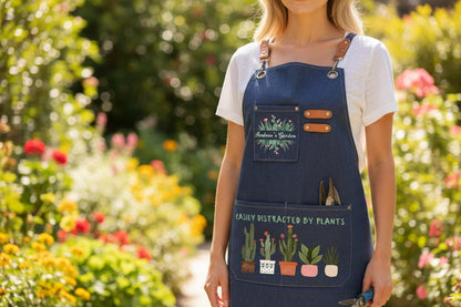 Front view of a navy canvas gardening apron with leather straps and a plant design that reads Easily Distracted by Plants