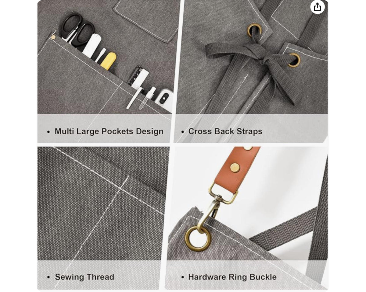 The image is a collage of four photos showcasing different features of a multi-functional apron. The first photo shows the large pockets of the apron, the second photo displays the cross-back straps, the third photo captures the sewing thread, and the fourth photo features the hardware ring buckle.