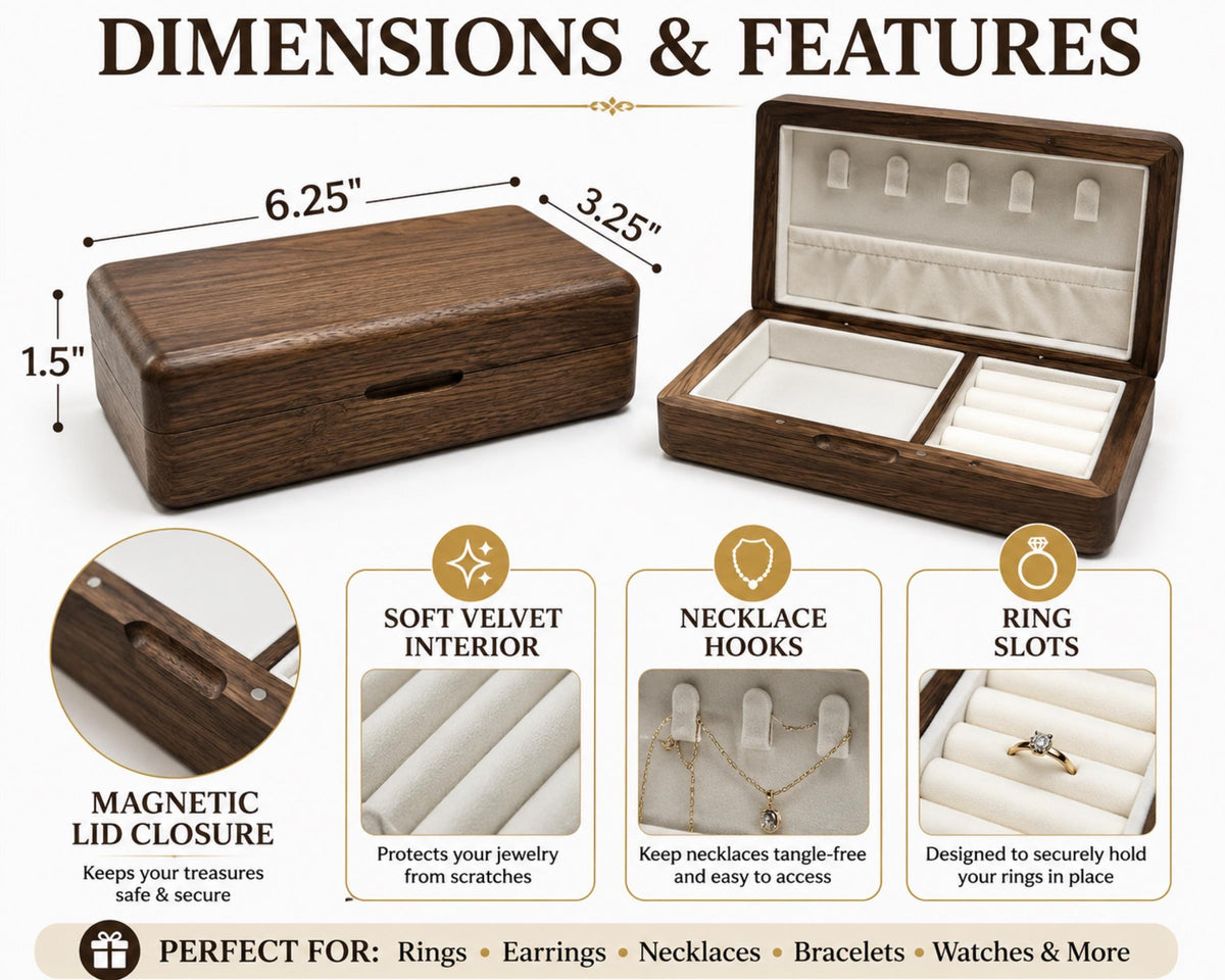 The image is a detailed view of a wooden jewelry box with various features and dimensions. It includes a lid closure, soft velvet interior, necklace hooks, and ring slots. The box is designed to securely hold and protect jewelry from scratches and tangles. The dimensions of the box are 6.25" x 3.25" x 1.5". The image also includes a close-up view of the necklace hooks and a ring slot, showcasing the box's versatility for various types of jewelry.