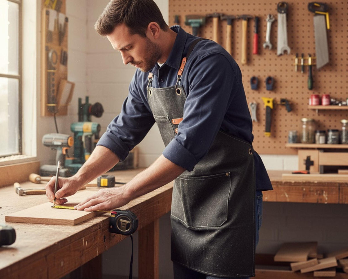A man wearing a blue apron is working on a wooden board in a workshop, surrounded by various tools and equipment.
