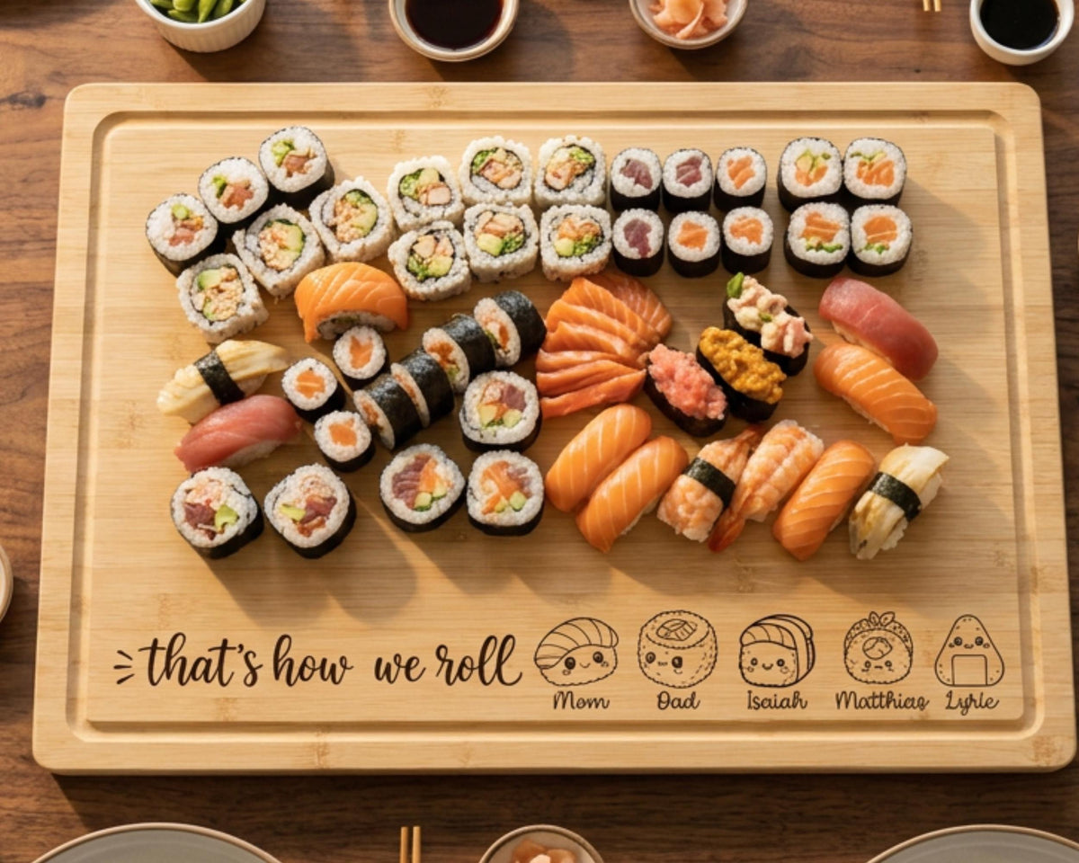 A wooden cutting board with various sushi rolls and other sushi items arranged on it.