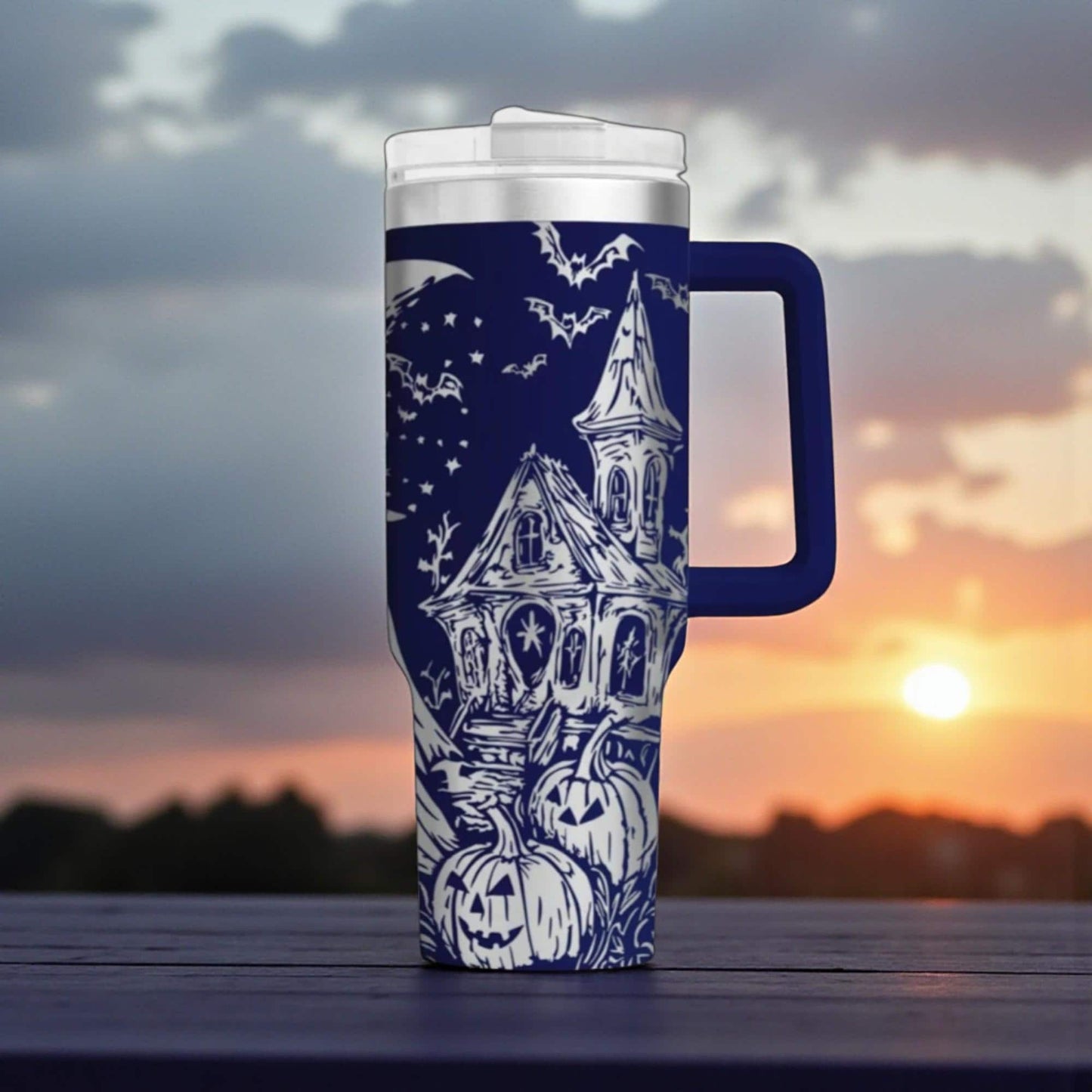 Laser Engraved Halloween Theme 40oz Tumbler - Haunted House & Ghosts!