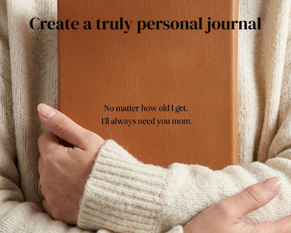 A person's hand holding a brown leather-bound personal journal, with the text "Create a truly personal journal" and a quote about needing a mother.
