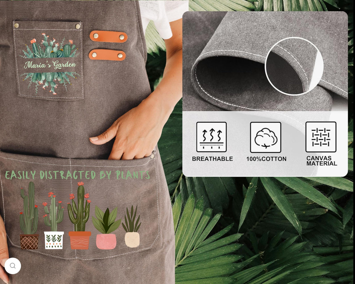 The image is a collage of two photos. The left photo shows a person's hand wearing a gray apron with a cactus design, and the right photo shows a close-up of a gray apron with text and symbols indicating its features.