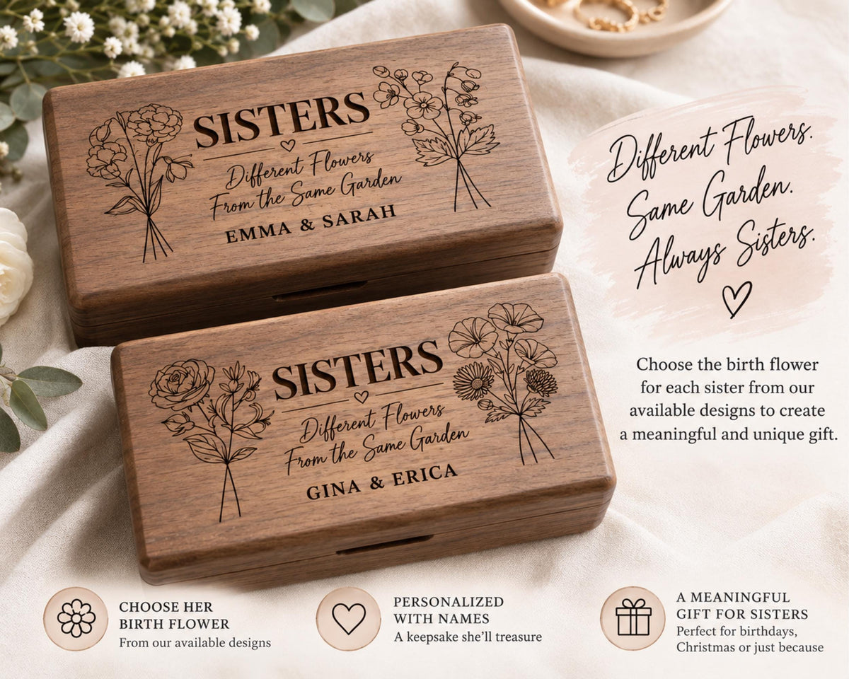two wooden boxes with floral designs, each labeled with the name "Sisters" and the phrase "Different Flowers. Same Garden. Always Sisters." The boxes are described as personalized gifts for sisters, with options to choose a birth flower and a keepsake box.