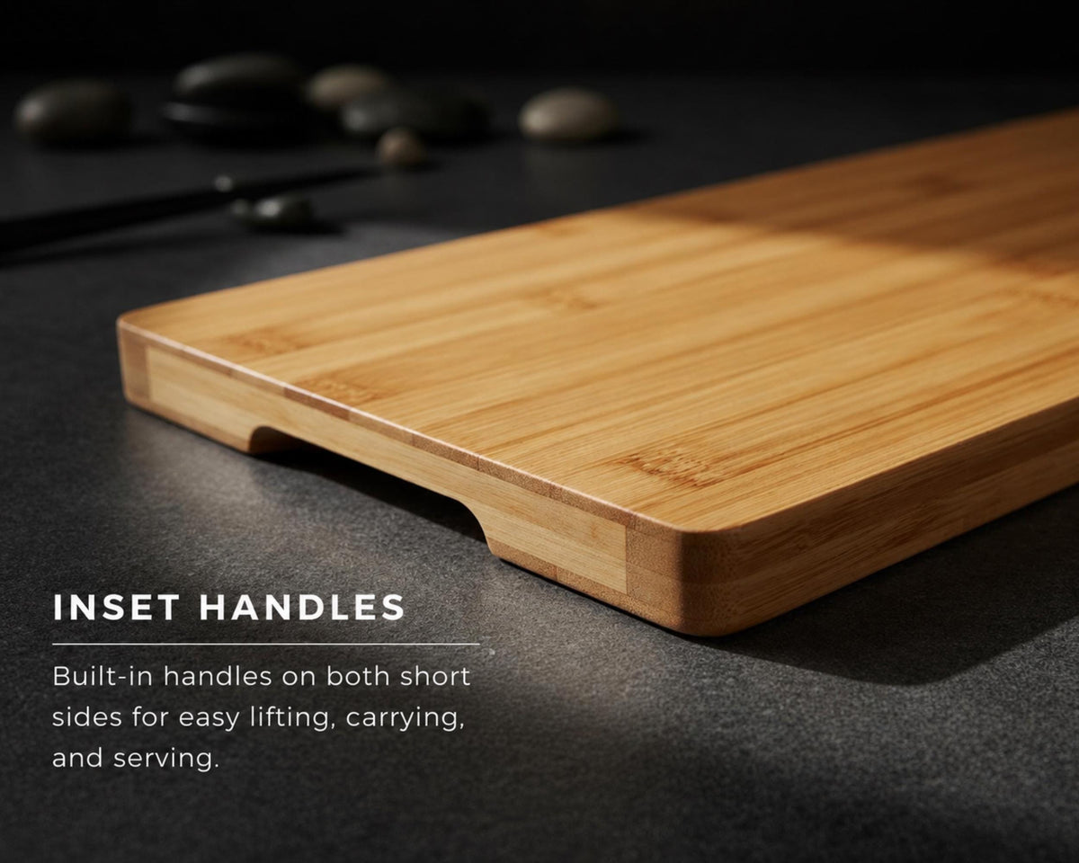 A wooden cutting board with a textured surface, accompanied by a set of two handles on both short sides, designed for easy lifting, carrying, and serving.