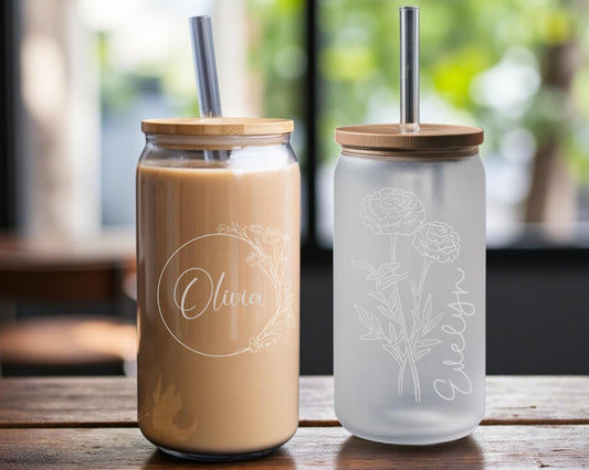 Personalized Boba Tea Cup - Laser Engraved Glass Tumbler with Bamboo Lid & Straw
