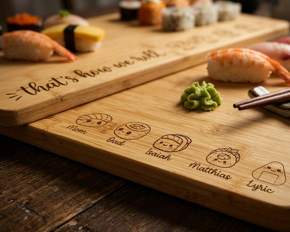 A wooden cutting board with various sushi items and chopsticks on it, along with a personalized message engraved on the board.