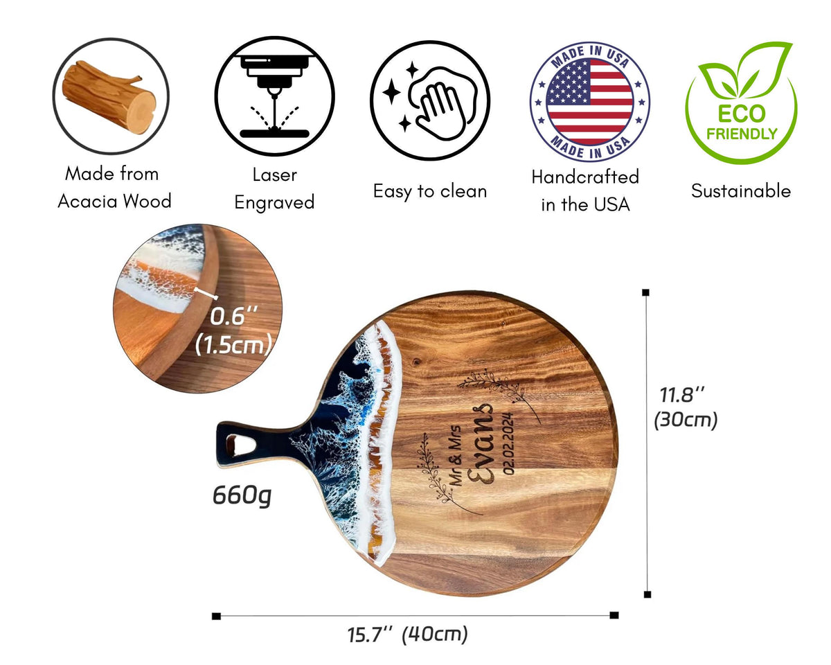 The image is a product image for a wooden cutting board with a wave-like design. It features a close-up of the cutting board, along with various details such as the material, size, and manufacturing information.
