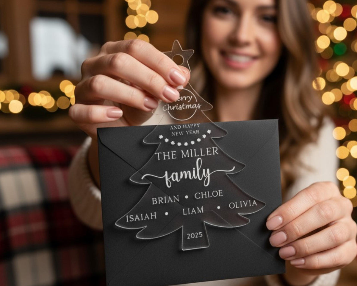 Personalized acrylic Christmas ornament shaped like a Christmas tree