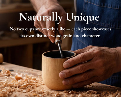 A person's hands are shown carefully crafting a wooden cup on a wooden workbench, with wood shavings scattered around.