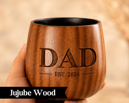 Etched Moment personalized dad wooden tumbler with "DAD EST. 2026" engraving, made from jujube wood.