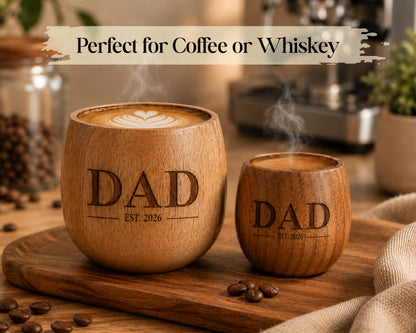 Etched Moment personalized wooden tumbler engraved with DAD EST. 2026, perfect for coffee or whiskey.