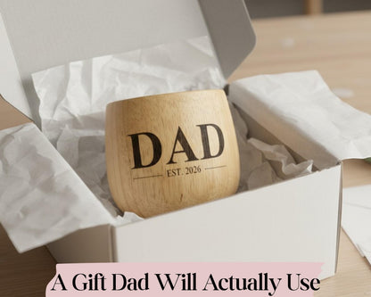 Etched Moment personalized wooden tumbler with "DAD EST. 2026" engraving, presented in a gift box.