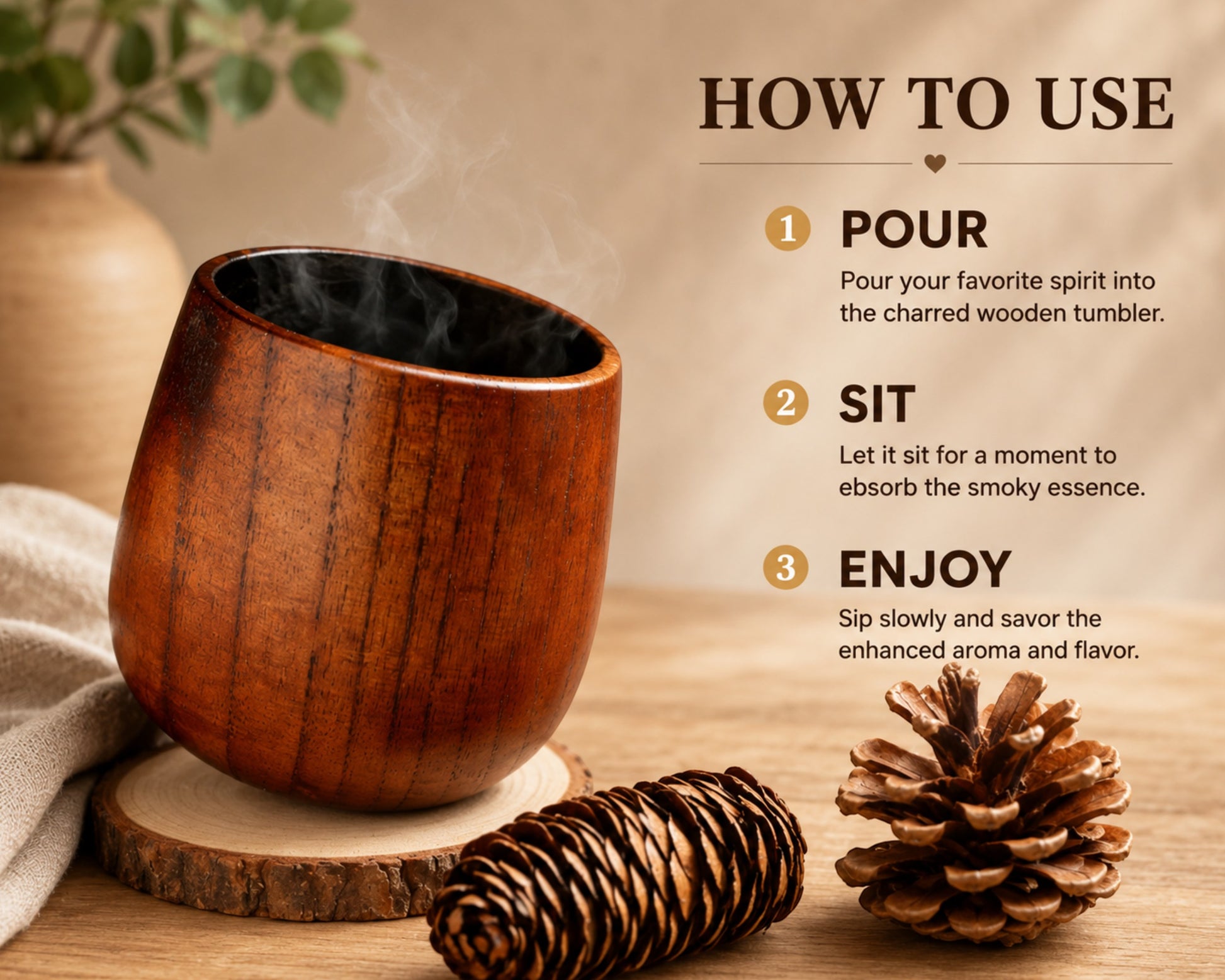 Etched Moment personalized dad wooden tumbler with charred interior, rustic wood coffee mug gift.