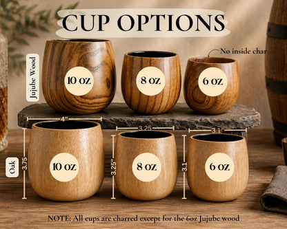Etched Moment wooden cups in oak and jujube wood, available in 6, 8, and 10 oz sizes. Rustic design with black interior.