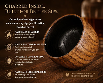 Etched Moment rustic wooden tumbler, charred inside for enhanced flavor, perfect for whiskey or coffee.