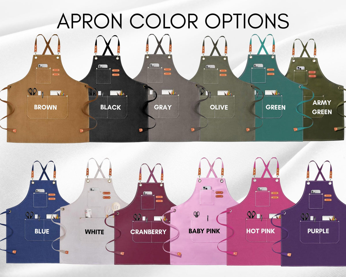 a collection of aprons in various colors, including brown, black, gray, olive, green, army green, white, cranberry, baby pink, hot pink, and purple.