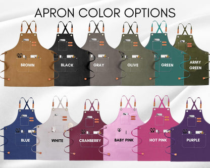 a collection of aprons in various colors, including brown, black, gray, olive, green, army green, white, cranberry, baby pink, hot pink, and purple.