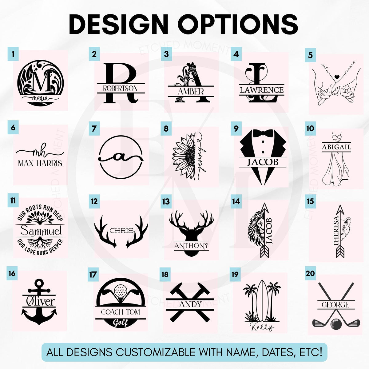 a collection of various design options, including monogrammed names, initials, and other personalized elements. All designs are customizable with names, dates, and other information, making them suitable for various purposes such as gifts, cards, or decorations.
