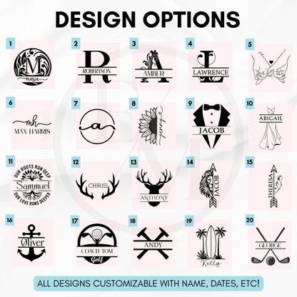 a collection of various design options, including monogrammed names, initials, and other personalized elements. All designs are customizable with names, dates, and other information, making them suitable for various purposes such as gifts, cards, or decorations.