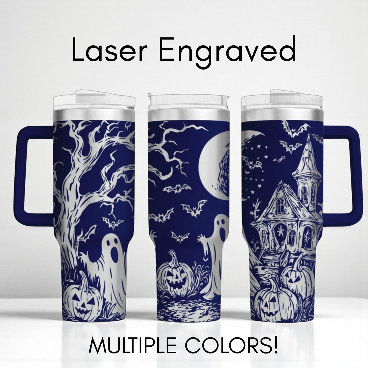 Laser Engraved Halloween Theme 40oz Tumbler - Haunted House & Ghosts!