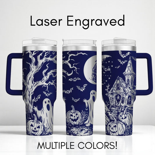 Laser Engraved Halloween Theme 40oz Tumbler - Haunted House & Ghosts!