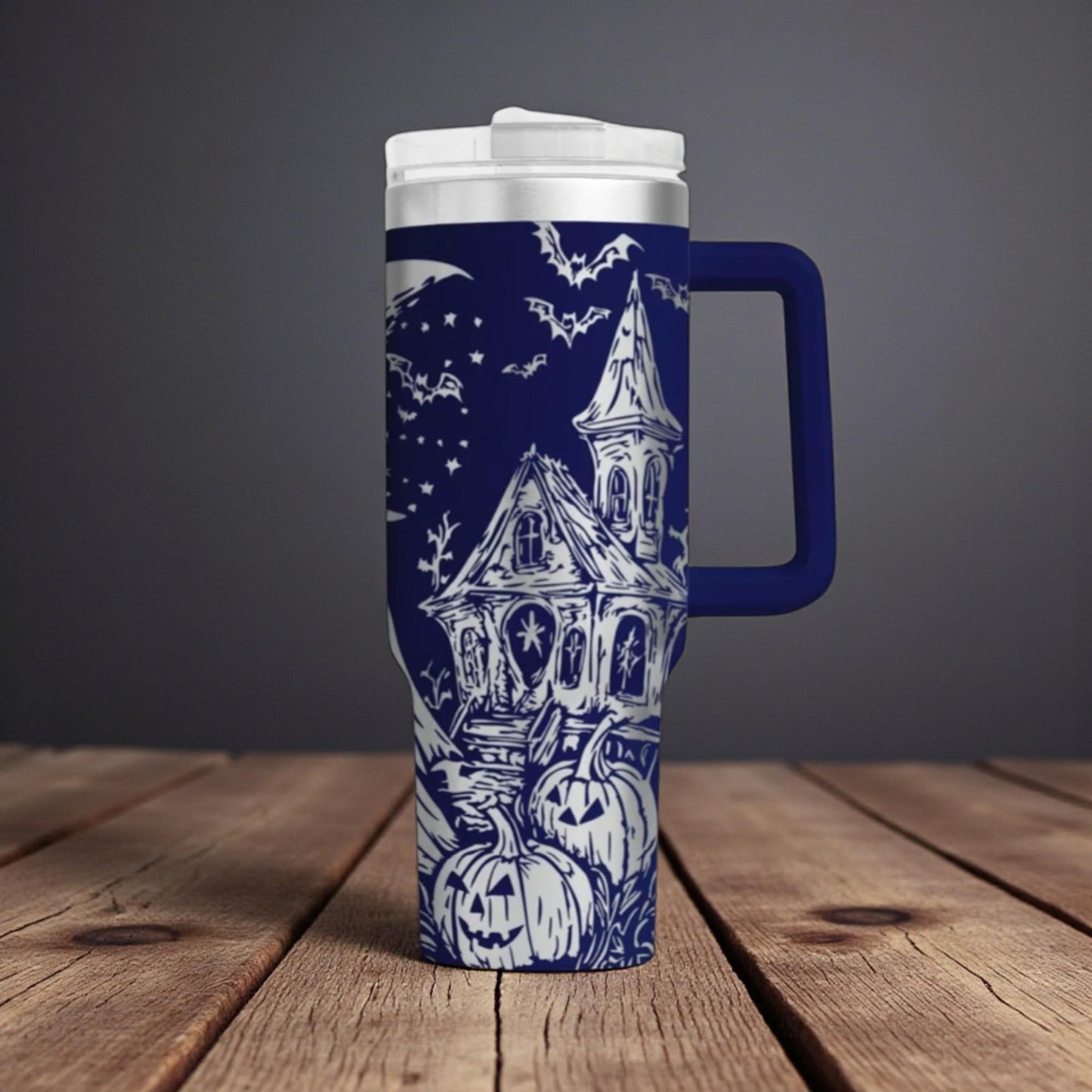 Laser Engraved Halloween Theme 40oz Tumbler - Haunted House & Ghosts!