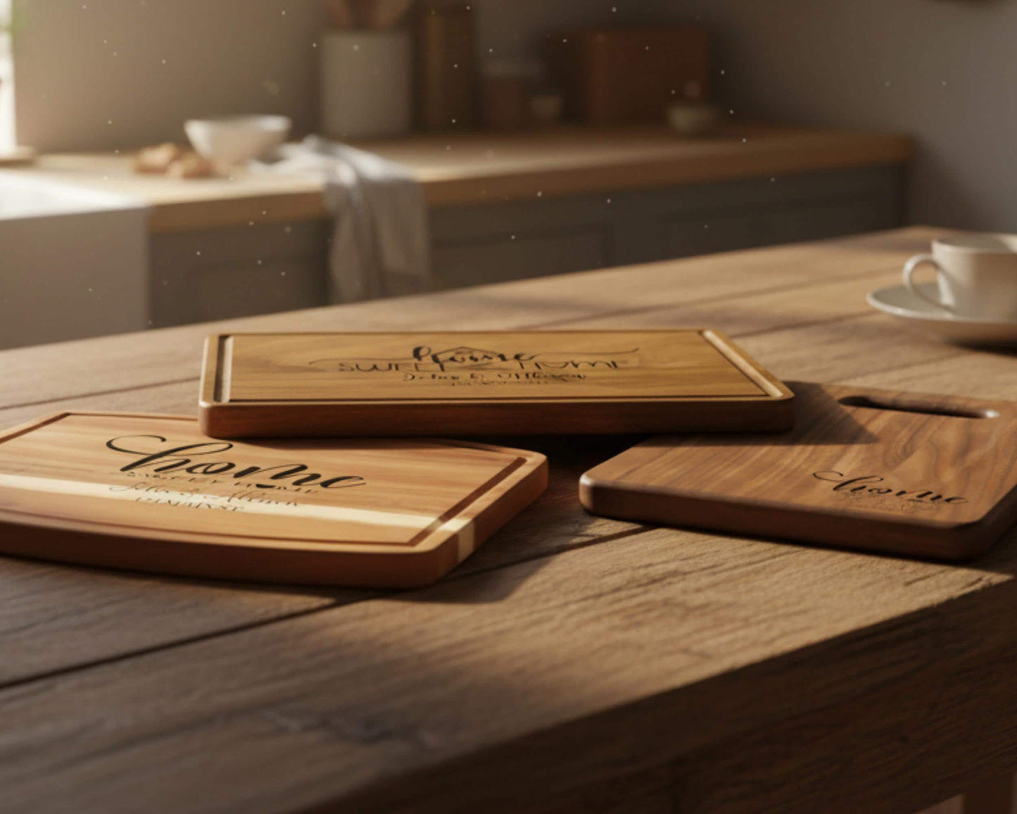 three wooden cutting boards on a wooden table, each with a unique design and inscription.