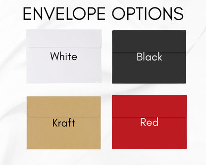 four different colored envelopes, each with a label indicating the color: white, black, brown, and red.