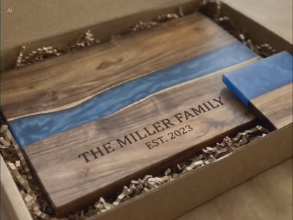 Personalized Acacia & Pearl Resin Cutting Board, Custom Engraved Couple Gift for Weddings & Housewarmings